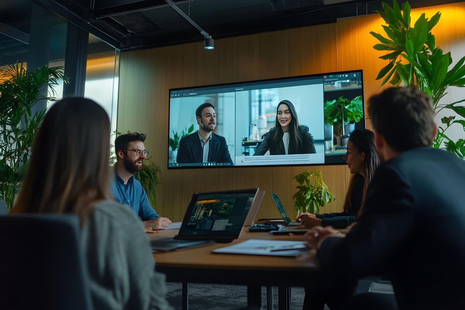 Colleagues in a conference room watching a video call on a large wall-mounted screen